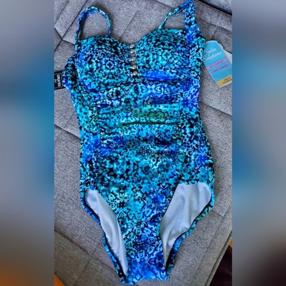 Swim Solutions Blue Santorini Printed Strappy Front One-Piece Swimsuit Size 8 - Picture 4 of 9